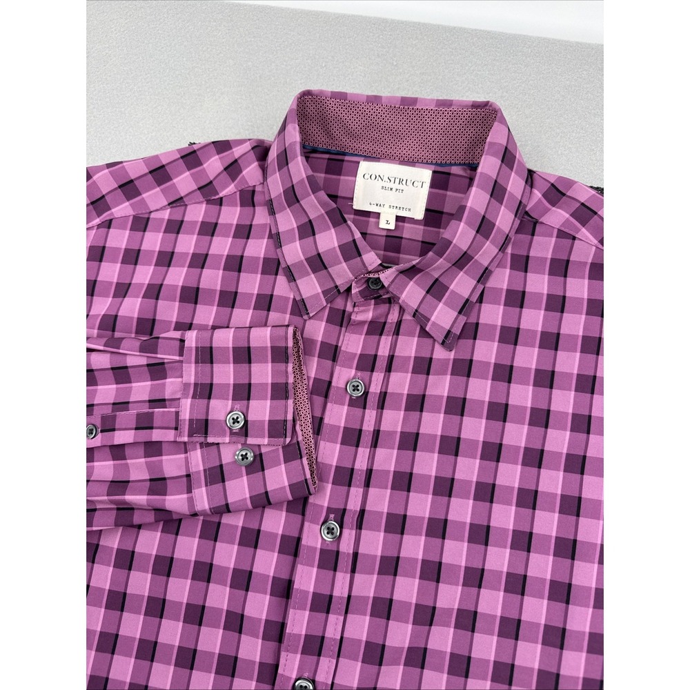Con.Struct Slim Fit 4-Way Stretch Long Sleeve Button Down Men's L Purple Check